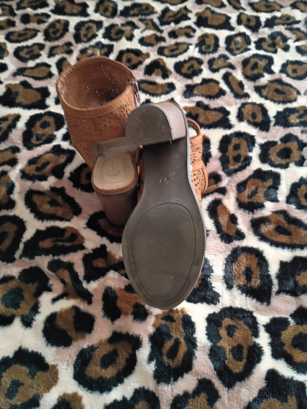 Tan Women's Perforated Block Heel Sandals